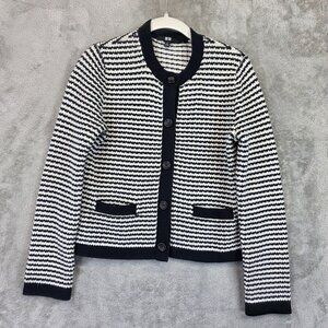 Uniqlo Cardigan Sweater Womens Small Black White Striped Knit Crewneck Pockets